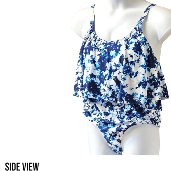 PLUS SIZE Women's Blue & White Tie Dye 2 Piece Ruffle Ruched Swim Suit Size XXL - Picture 3 of 10